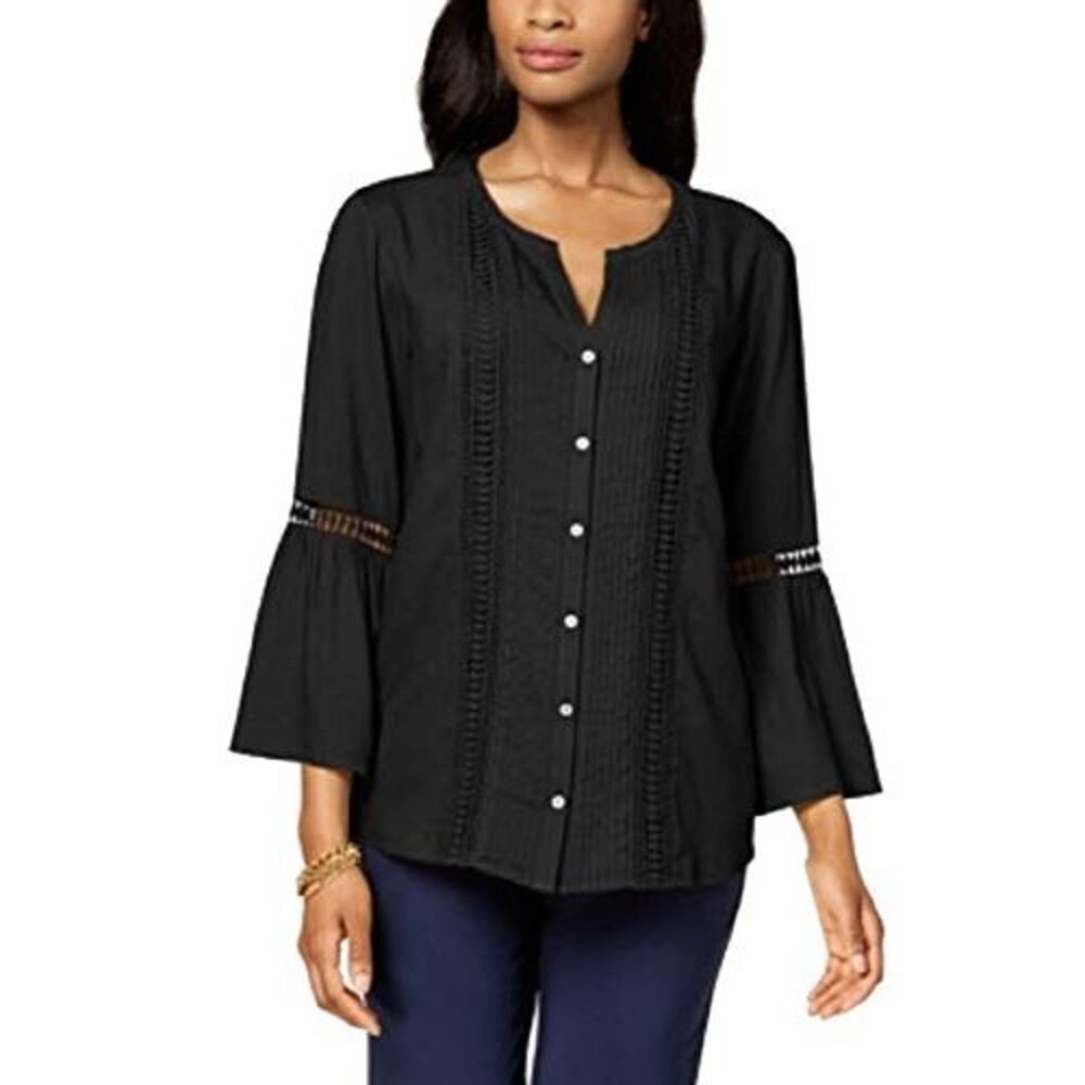 JM Collection Pleated Crochet-Trim Blouse